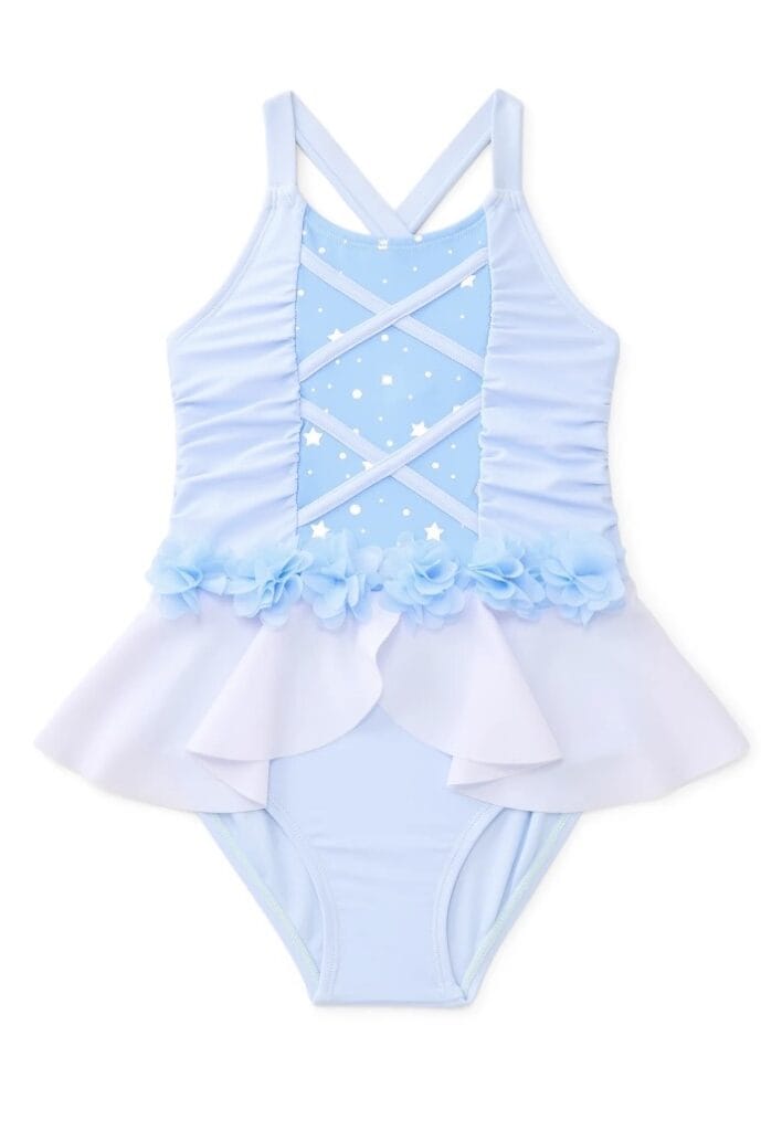 Leotard inspired by Disney princesses with starry design and ruffled skirt. Perfect for ballet and d.