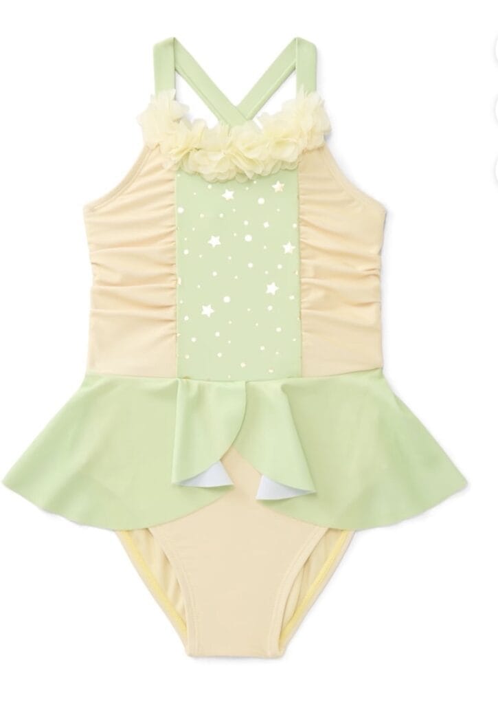 Disney princess-themed swimsuit with pastel colors and ruffle details.