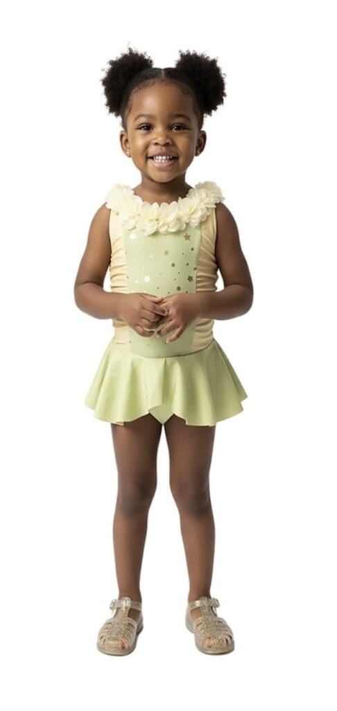 Smiling young girl in yellow dress with ruffled collar and puffy hair.