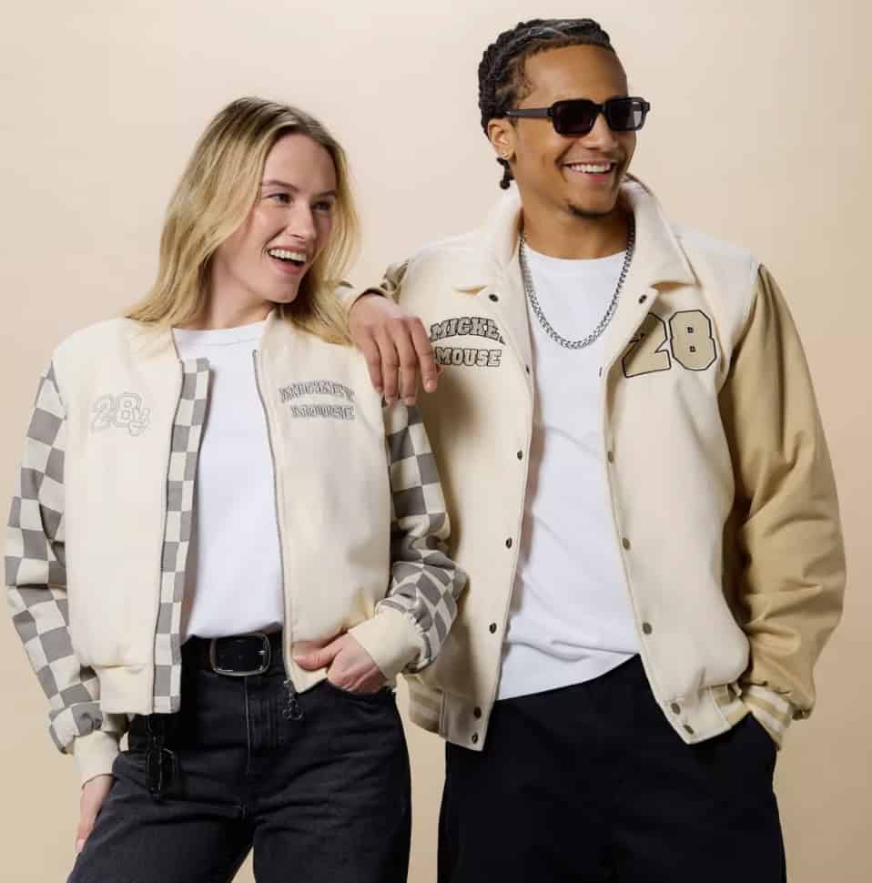 Casual Disney-themed jackets for men and women, featuring iconic character patches and stylish desig.