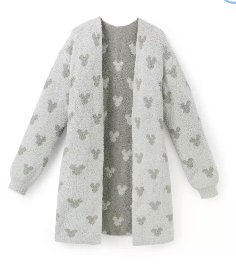 Women's Mickey Mouse knit cardigan with gray and white pattern, long sleeves, open front.