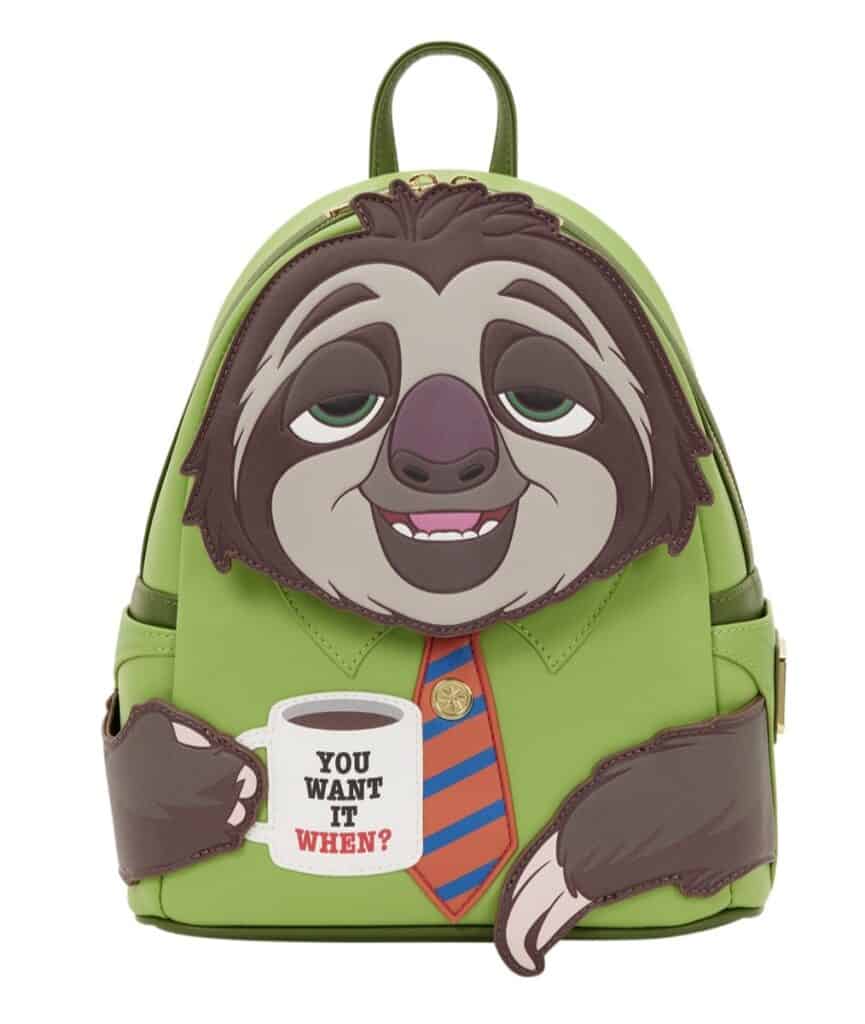 Cute sloth backpack with Disney-inspired design and coffee mug graphic.