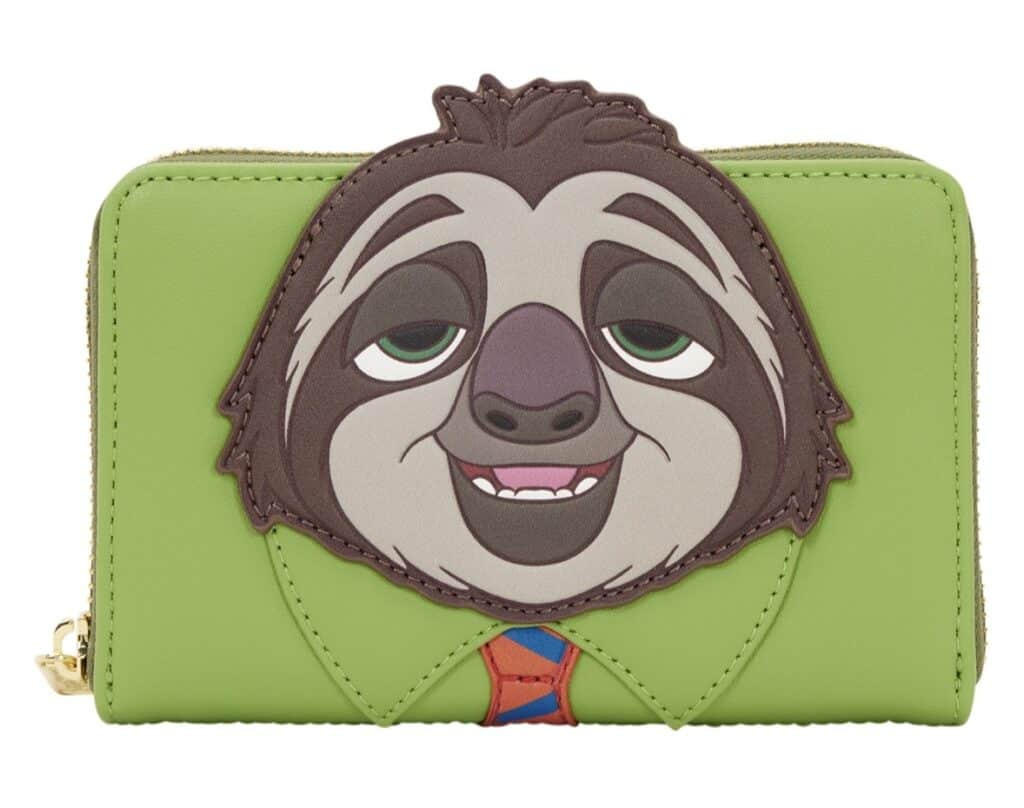 Sloth character wallet with Disney-inspired cartoon face and green background.