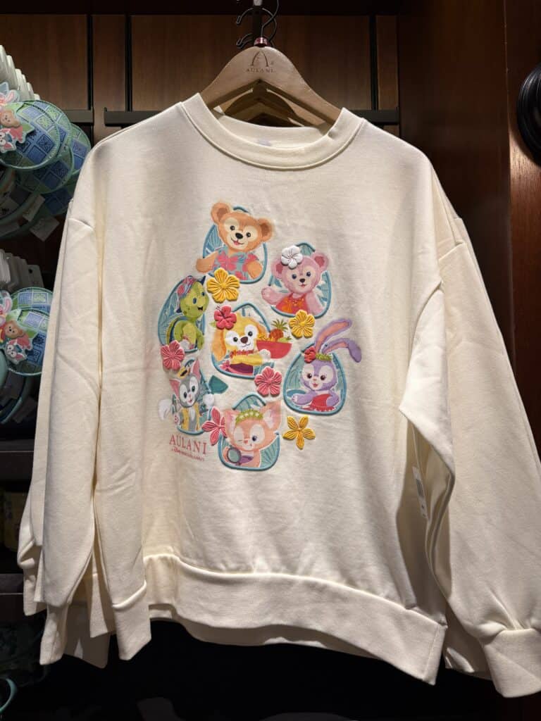 Cozy Disney Tsum Tsum bear sweatshirt featuring colorful plush characters for women and kids.