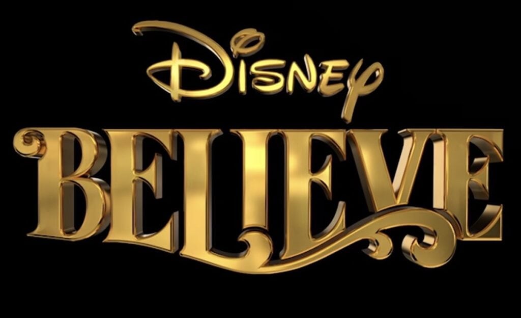 Disney Believe logo in gold with black background, inspiring and magical design.