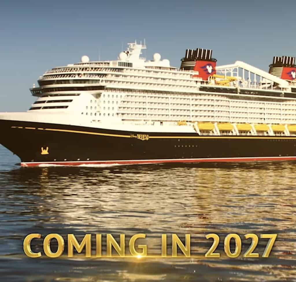 Disney cruise ship sailing with Disney logo and "Coming in 2027" text.