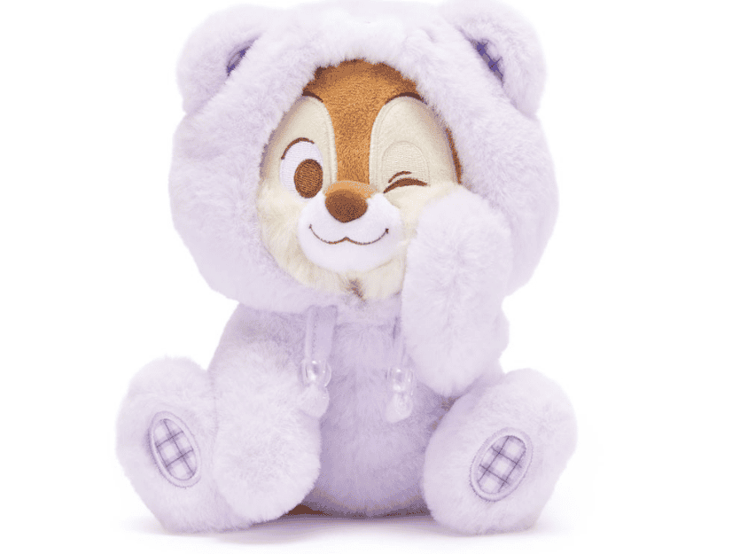 Disney plush toy dressed in a soft, purple bear costume with a winking face. Perfect for Disney fans.