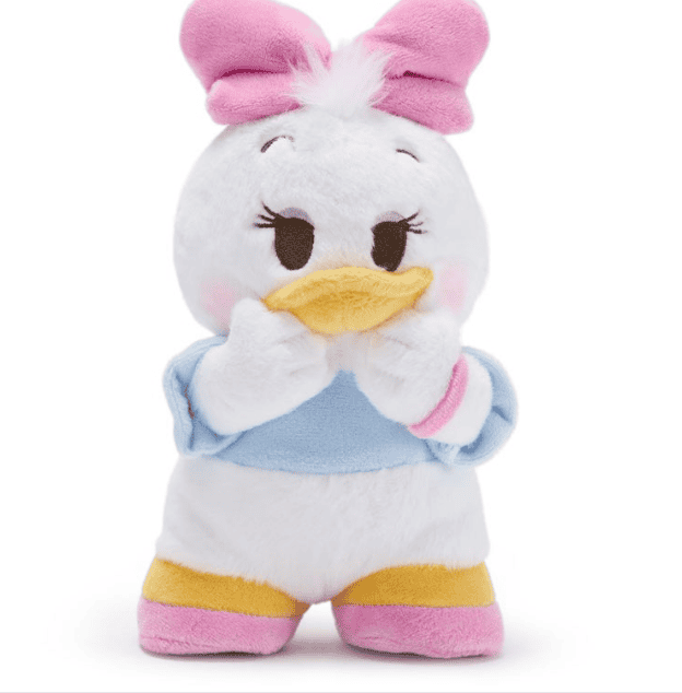 Adorable Disney Daisy Duck plush toy with pink bow and colorful outfit. Perfect for Disney fans and.