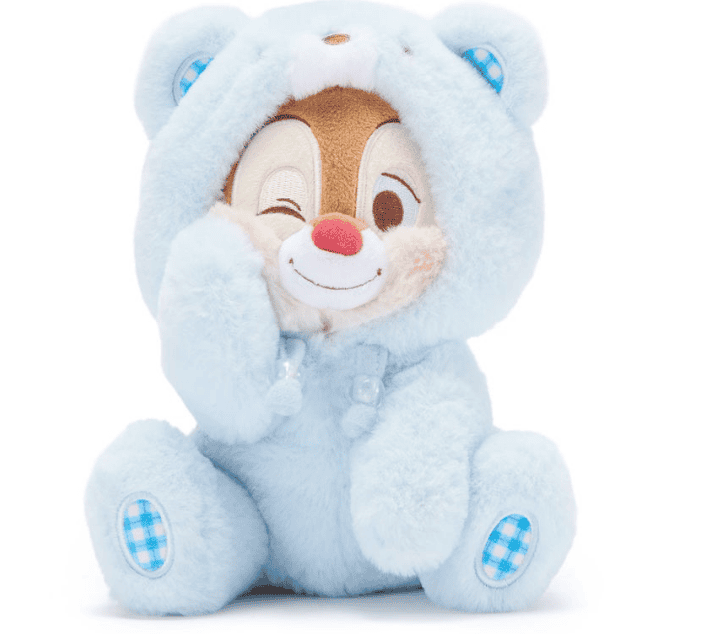Adorable Disney plush featuring a character in a soft, light blue bear costume with cute checkered a.