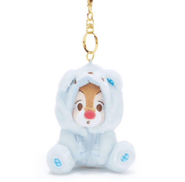 Adorable Disney plush keychain featuring a cute character in a blue bunny costume. Perfect for Disne.