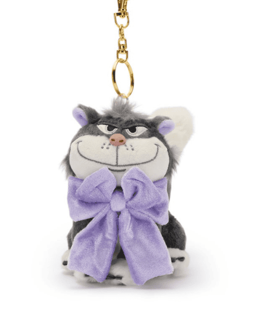 Disney plush keychain featuring a grumpy cat character with purple bow.