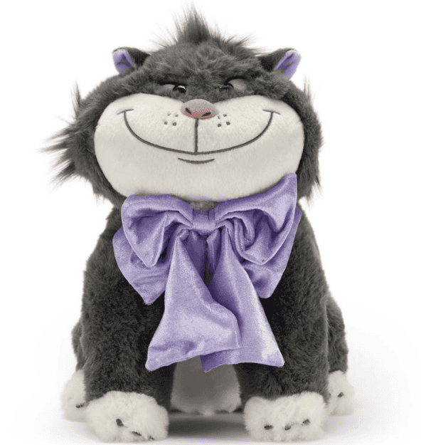 Adorable gray cat plush toy with purple bow, soft and cuddly for Disney fans.