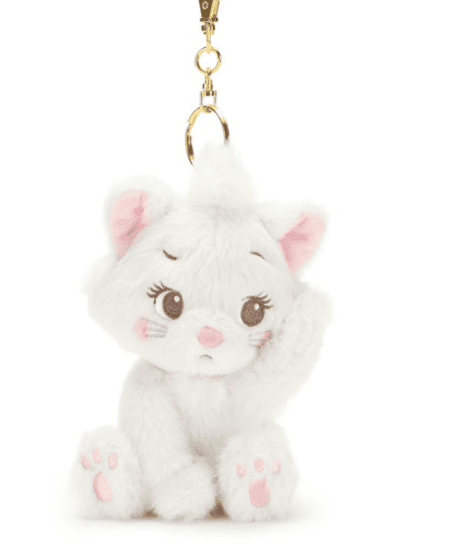 Cute white plush cat keychain with pink accents, perfect for Disney collectors and plush toy enthusi.