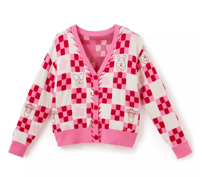 Pink and white checkered Winnie the Pooh children's cardigan with bear and bunny motifs.