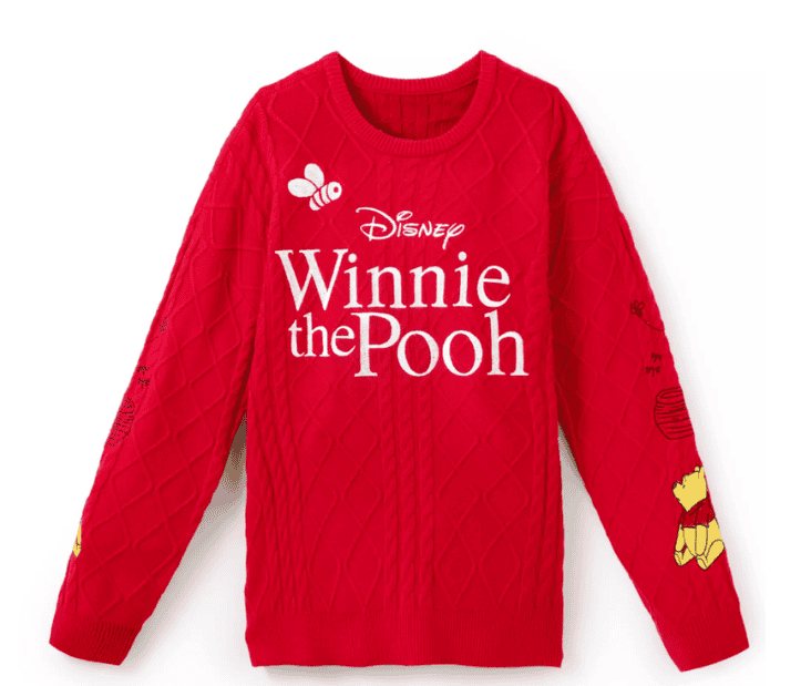 Red Winnie the Pooh Disney sweater with character and logo details.