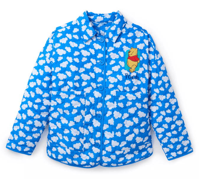 Blue Winnie the Pooh jacket with cloud pattern and embroidered Pooh logo for kids.