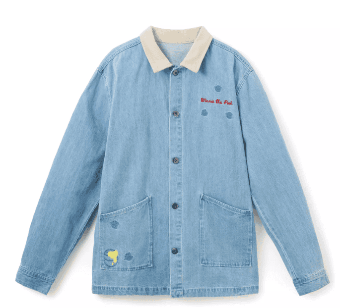 Light blue Winnie the Pooh denim jacket with embroidered details and large front pockets.