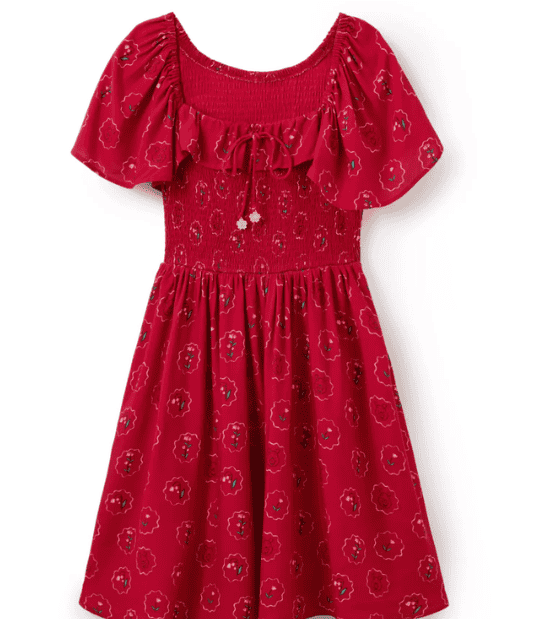 Winnie the Pooh themed red dress with puff sleeves and floral pattern, perfect for Disney fans.