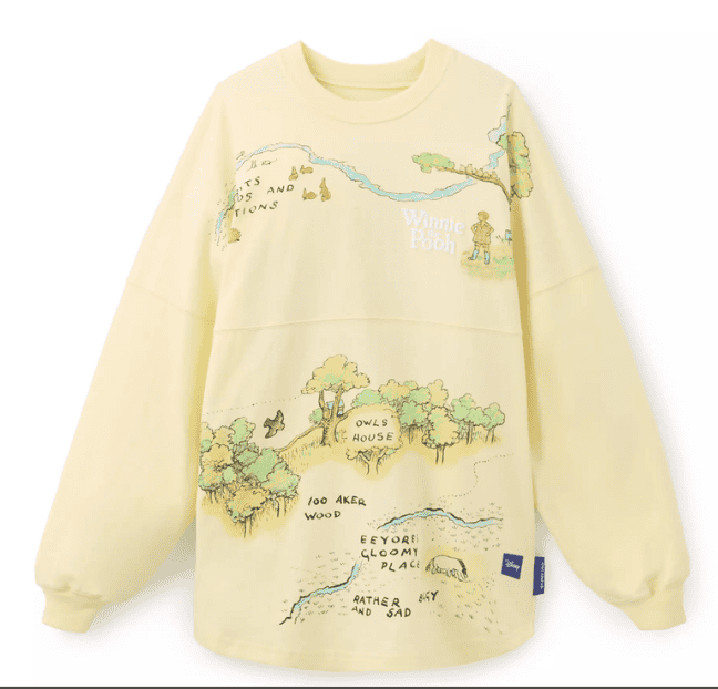 Winnie the Pooh themed sweatshirt with map design and illustrations.