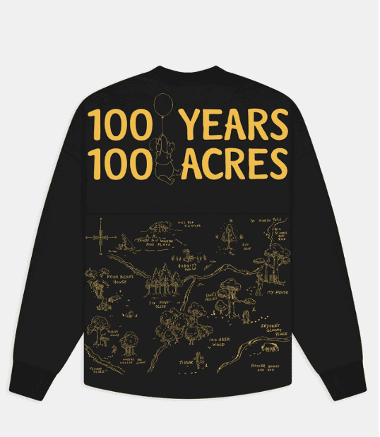Black sweatshirt with gold "100 Years 100 Acres" design and map of Disney's Hundred Acres Wood.