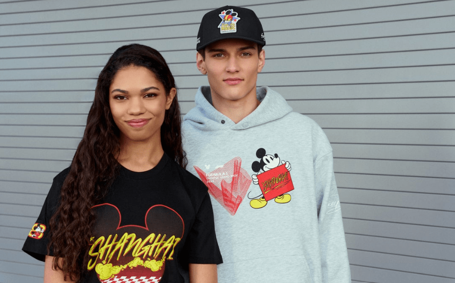 Stylish young models wearing Disney-themed apparel featuring Mickey Mouse and fun graphics.