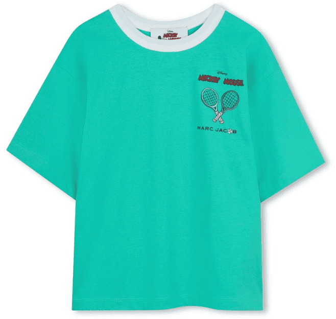 Bright turquoise kids' tennis t-shirt featuring Mickey Mouse and Marc Jacobs logo.