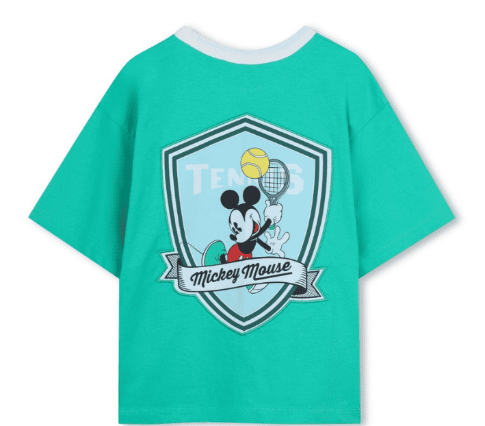 Bright turquoise Mickey Mouse tennis graphic T-shirt for kids.
