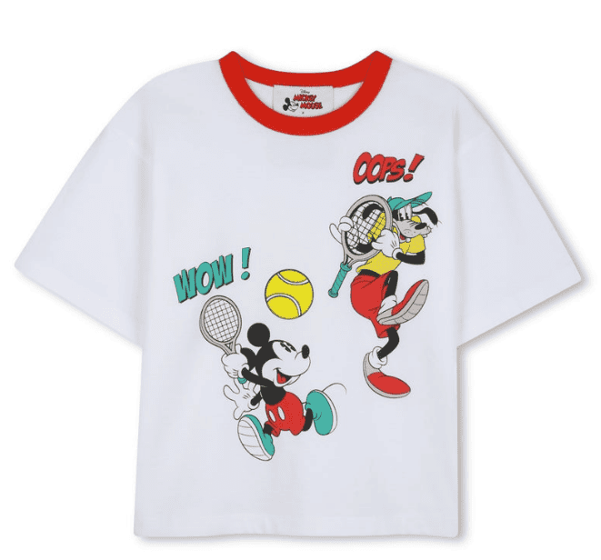 Bright white Disney tennis-themed T-shirt with Mickey Mouse and Goofy illustrations. Perfect for Dis.