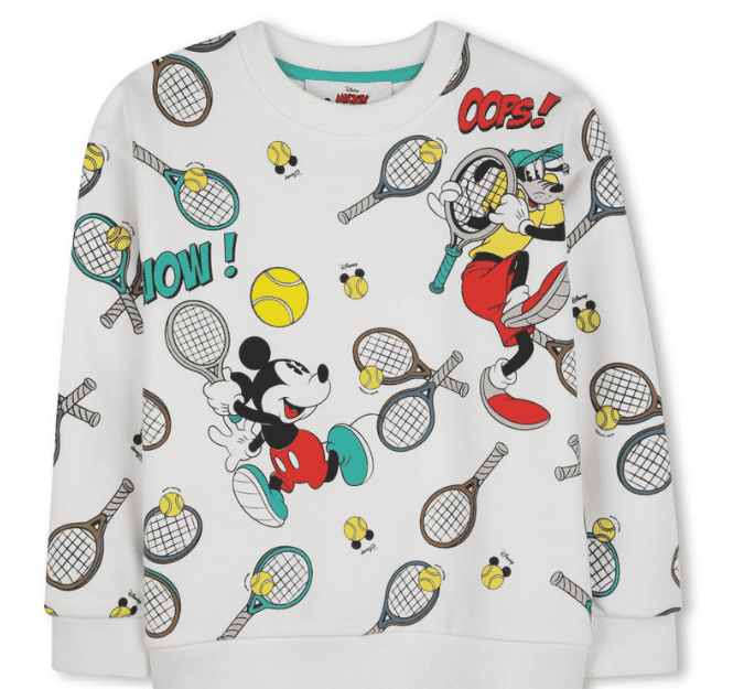 Mickey Mouse and Minnie Mouse tennis-themed sweatshirt with tennis rackets and balls.