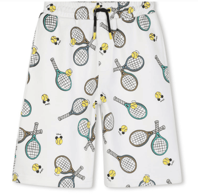 Kids' tennis racket and bee print shorts for summer wear.