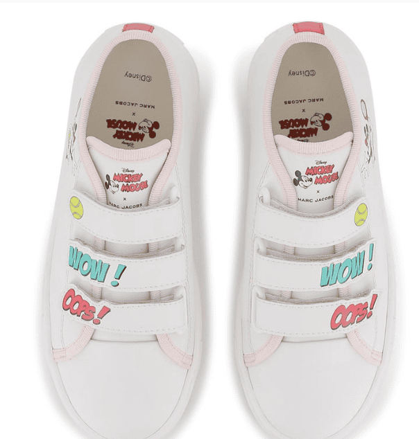 Cute white kids sneakers featuring Mickey Mouse and colorful "Wow!" and "Oops!" designs.