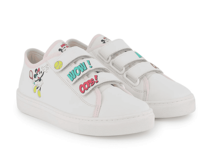 Cute Minnie Mouse-themed kids sneakers with colorful "Wow!" and "Oops!" accents. Perfect for Disney.