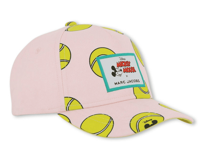 Pink Mickey Mouse tennis ball cap with yellow ball pattern, adjustable strap, and Disney logo.