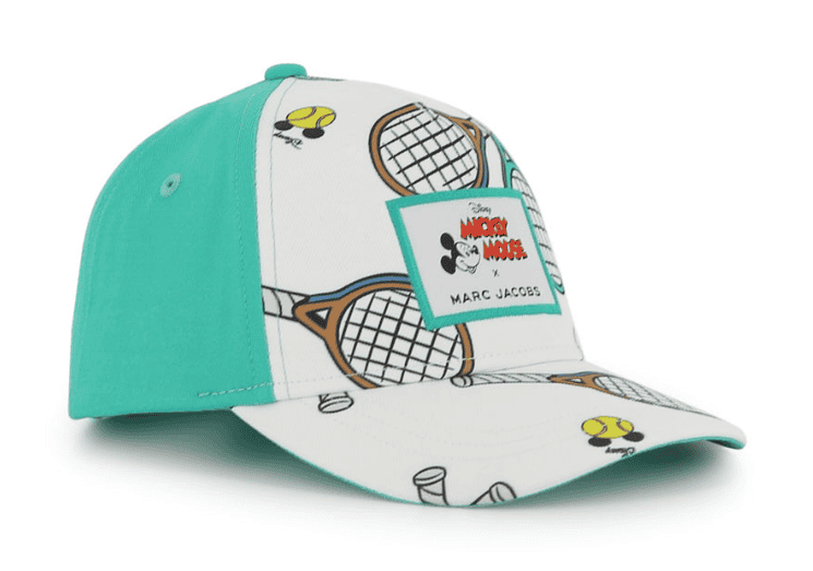 Kids' Mickey Mouse tennis cap with tennis racket and ball print, colorful and playful design.