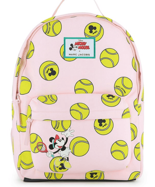 Pink Mickey Mouse tennis-themed backpack with tennis ball pattern and cartoon character design.