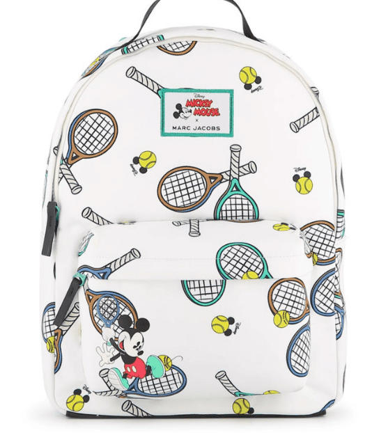 Mickey Mouse tennis-themed backpack with tennis rackets and bees design.