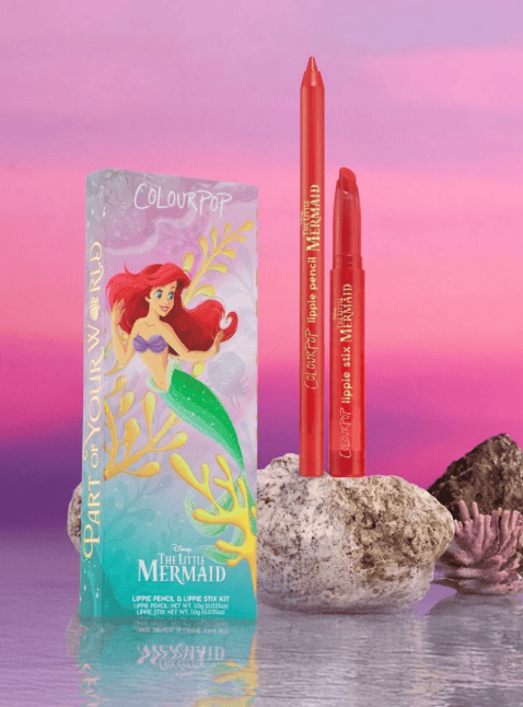 Mermaid-themed lip and eye pencils inspired by The Little Mermaid. Perfect for Disney fans and makeu.
