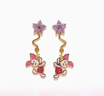 Elegant Pooh Bear earrings with purple sparkle accents and gold details.