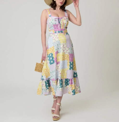 Colorful patchwork maxi dress with floral and geometric patterns for women.