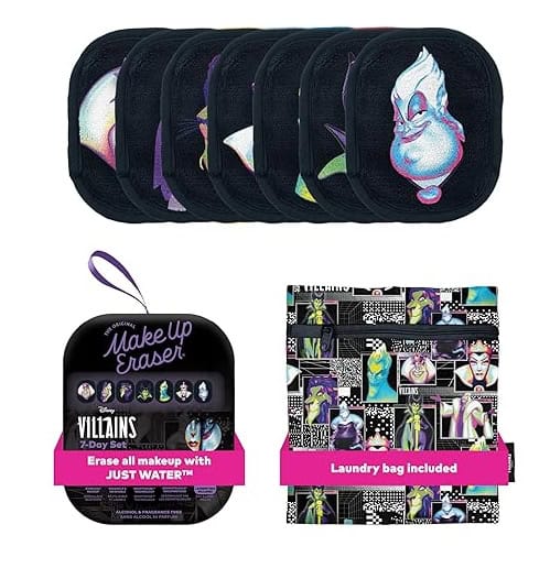 Disney Villains makeup and laundry bag set with character designs.
