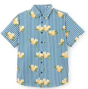 Blue and white striped shirt with yellow duck print, casual Disney-inspired fashion.
