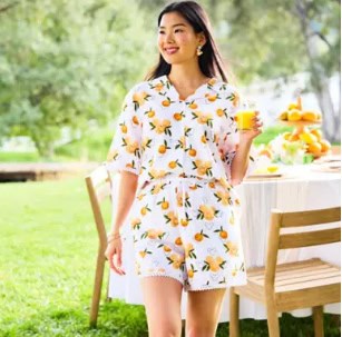 Disney-inspired lemon print romper for summer fashion and outdoor gatherings.
