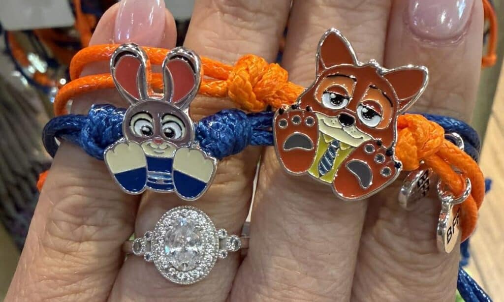 Colorful Disney animal-themed friendship bracelets with bunny and fox charms.