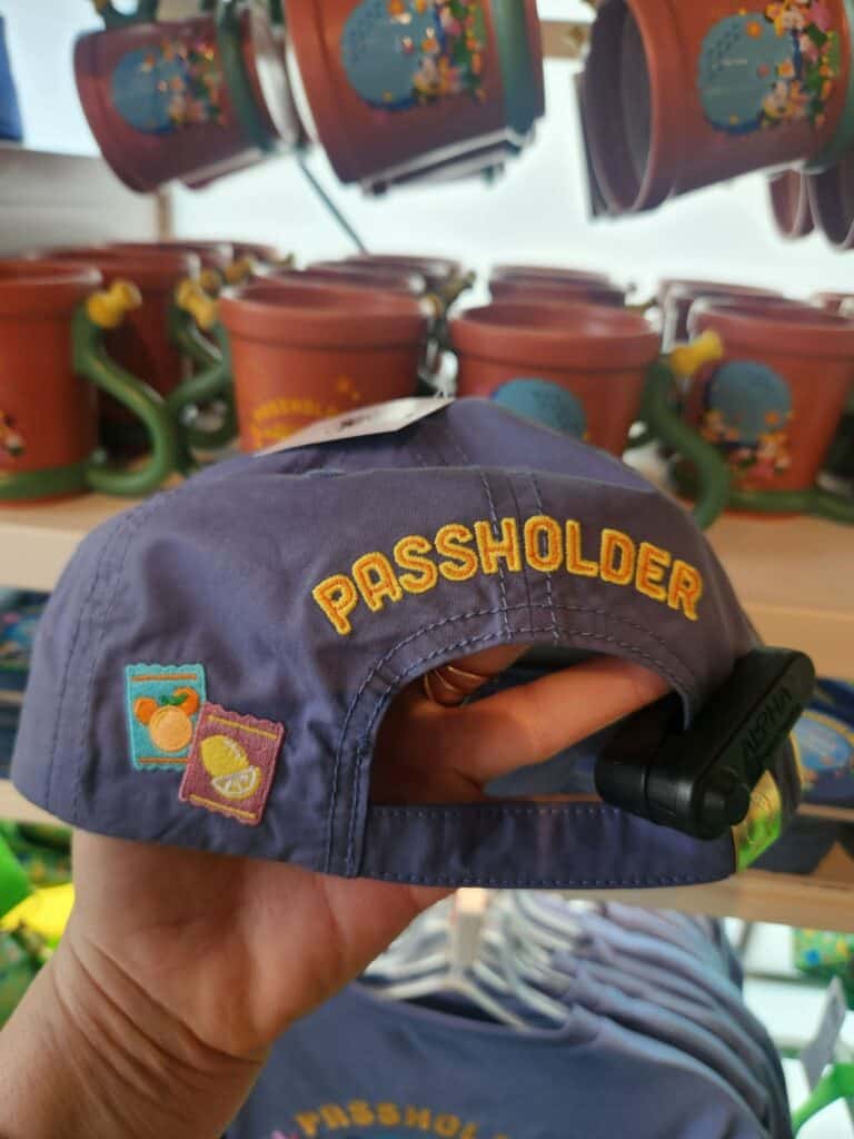 Disney passholder navy blue cap with embroidered patches and adjustable strap.