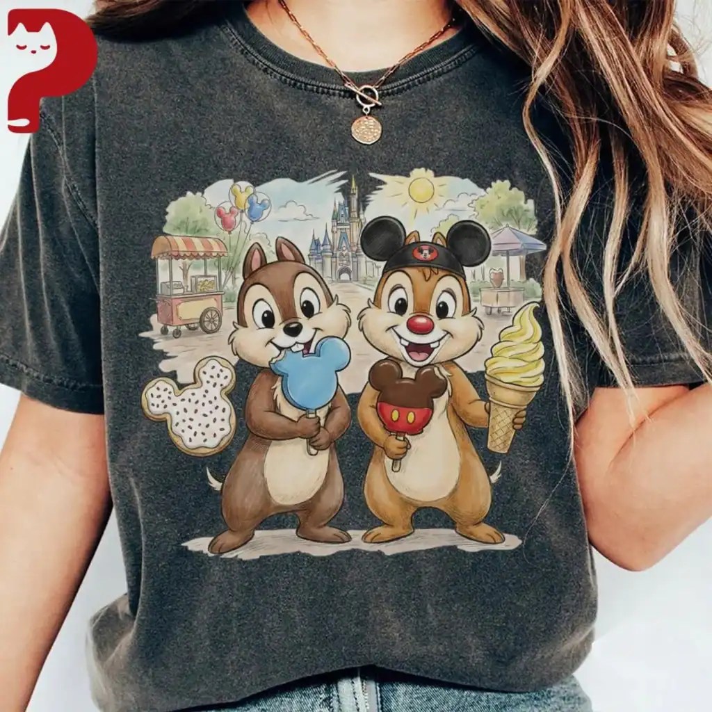 Disney Chip and Dale cartoon t-shirt with ice cream and castle background.