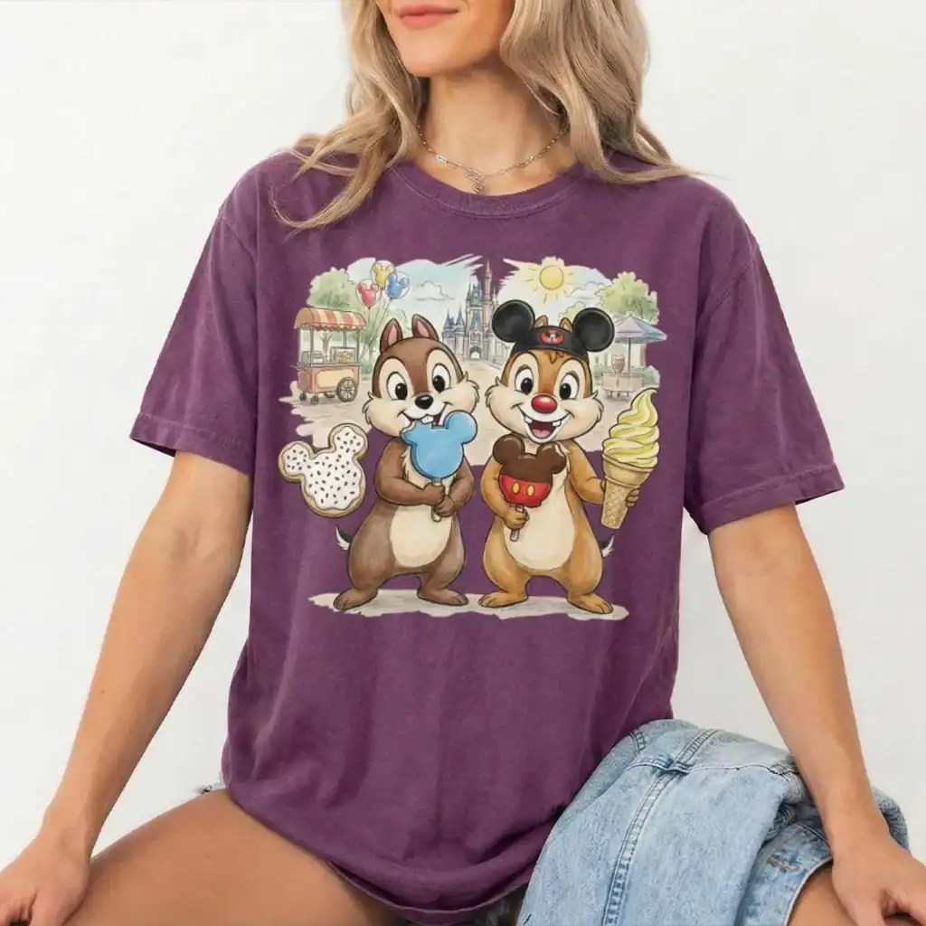 Casual purple T-shirt featuring Chip and Dale with ice cream and cookies.