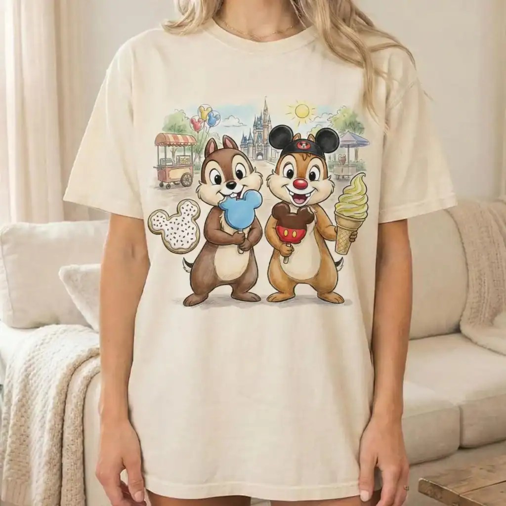 Cute Mickey and Minnie Mouse cartoon graphic on a casual T-shirt.