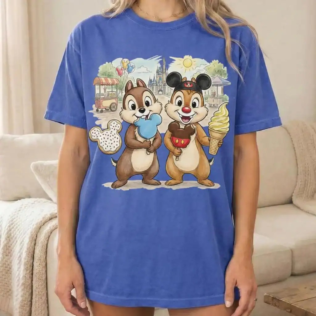Colorful Disney cartoon t-shirt featuring Chip and Dale characters for children.