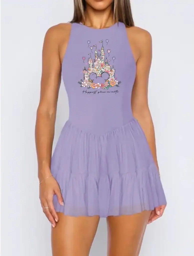 Purple Disney princess tulle dress with castle and Mickey Mouse design, perfect for fans.