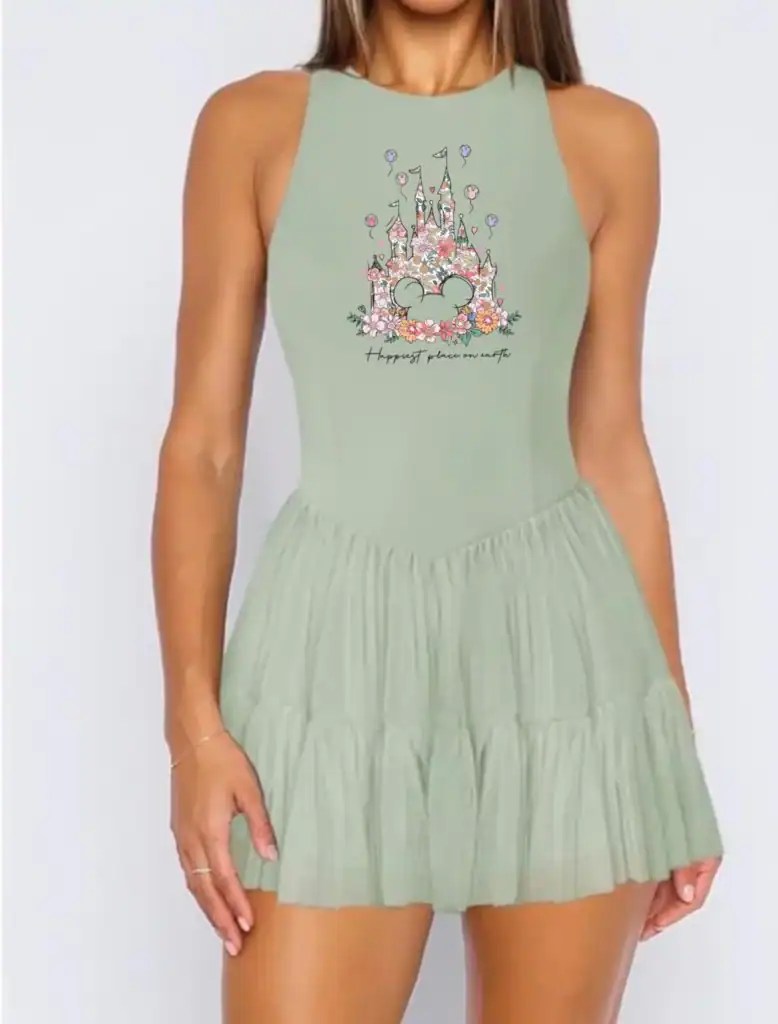 Light green Disney princess castle dress with floral and castle print, perfect for Disney fans.